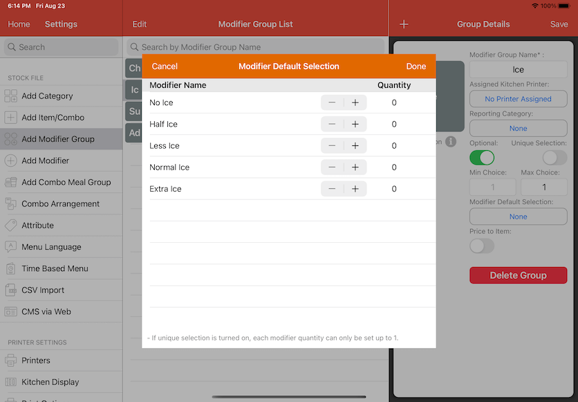 pos system modifier default selection pop out