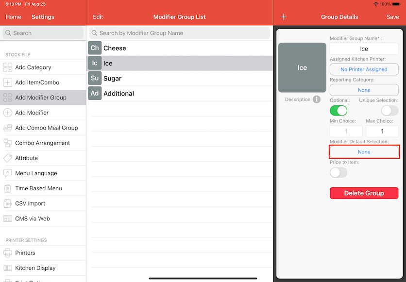 pos system modifier default selection