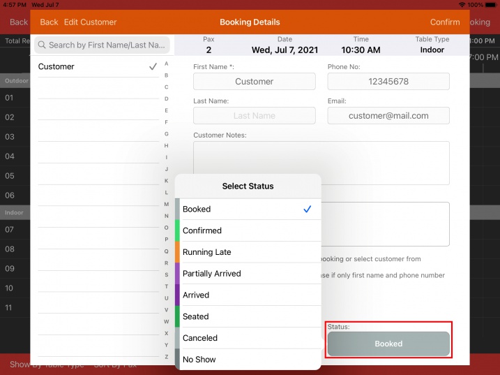 select booking status to booked