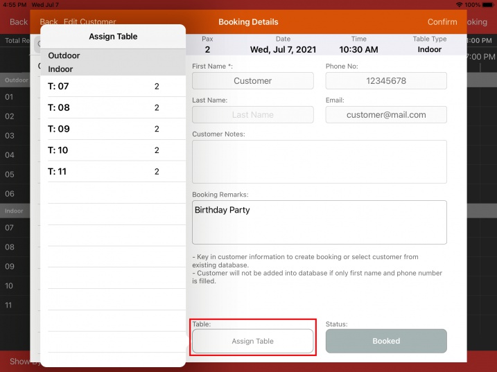 assign table to booking optional