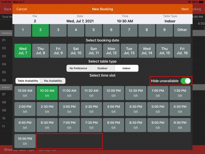 booking hide unavailable time slot