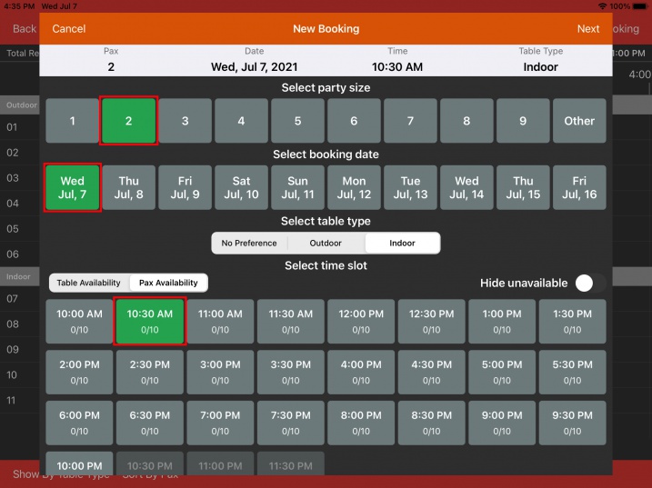 select party size date time booking