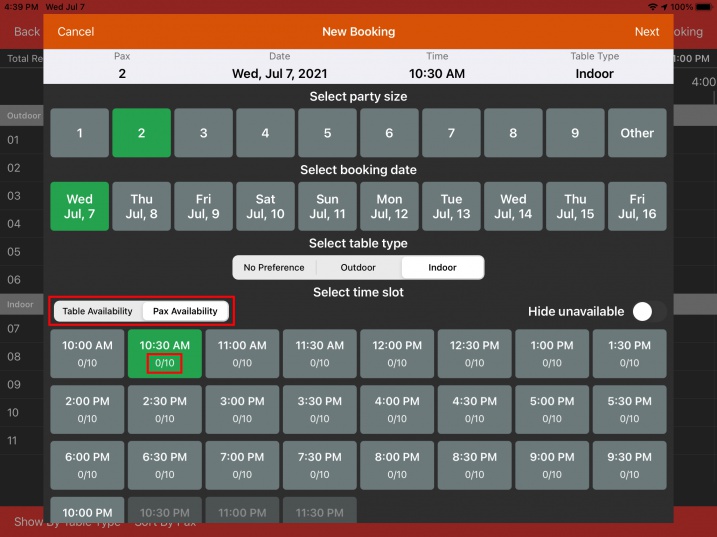 booking show time availability based on pax