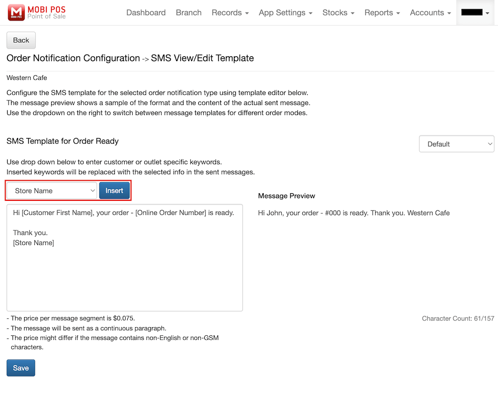 mobi-pos customise order ready sms template
