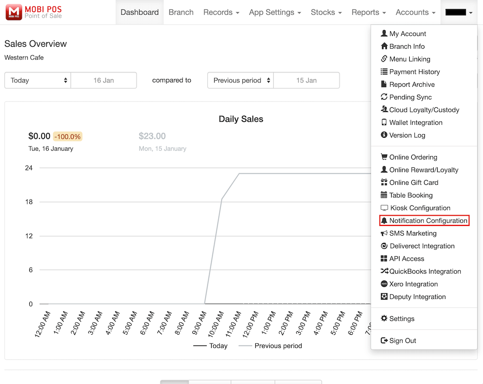 mobi-pos dashboard account drop-down listing