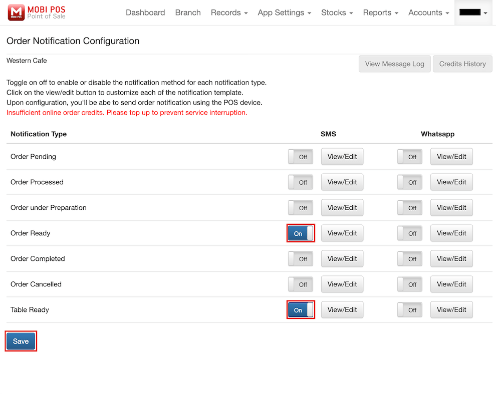 mobi-pos enable sms order notification