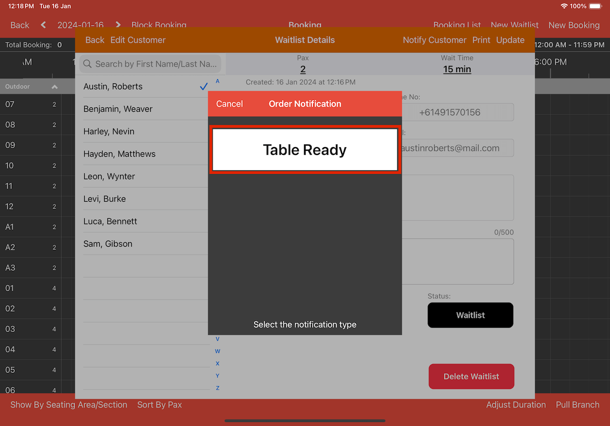 mobi-pos table waitlist notification