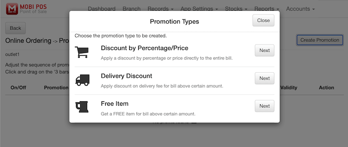 mobipos online ordering promotion type