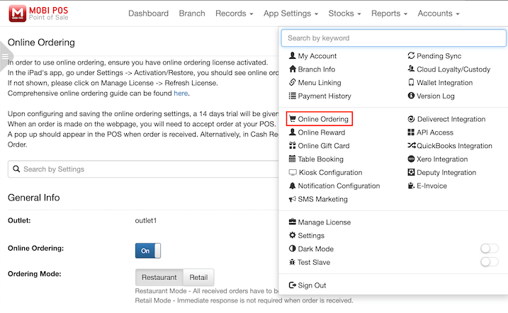 mobipos online ordering setting tab