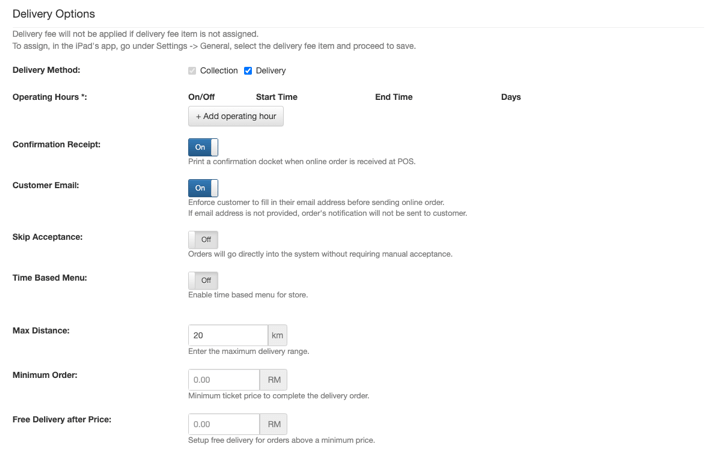 pos online ordering delivery options settings