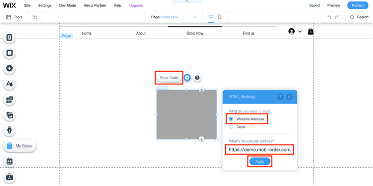 add MobiOrder URL to wix