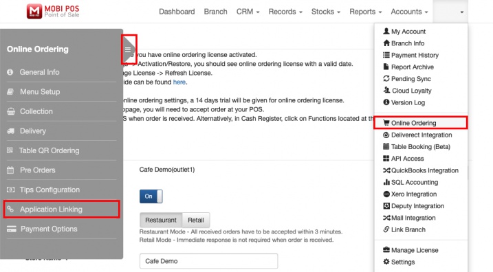 mobipos cloudsync online order settings page application linking