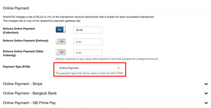 mobipos online payment interface showing tax and surcharges