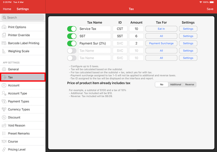 mobipos tax online payment surcharge setting