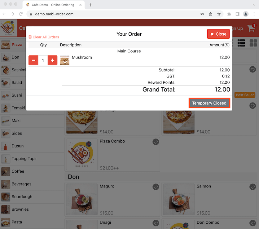 mobipos block order cart temporary closed