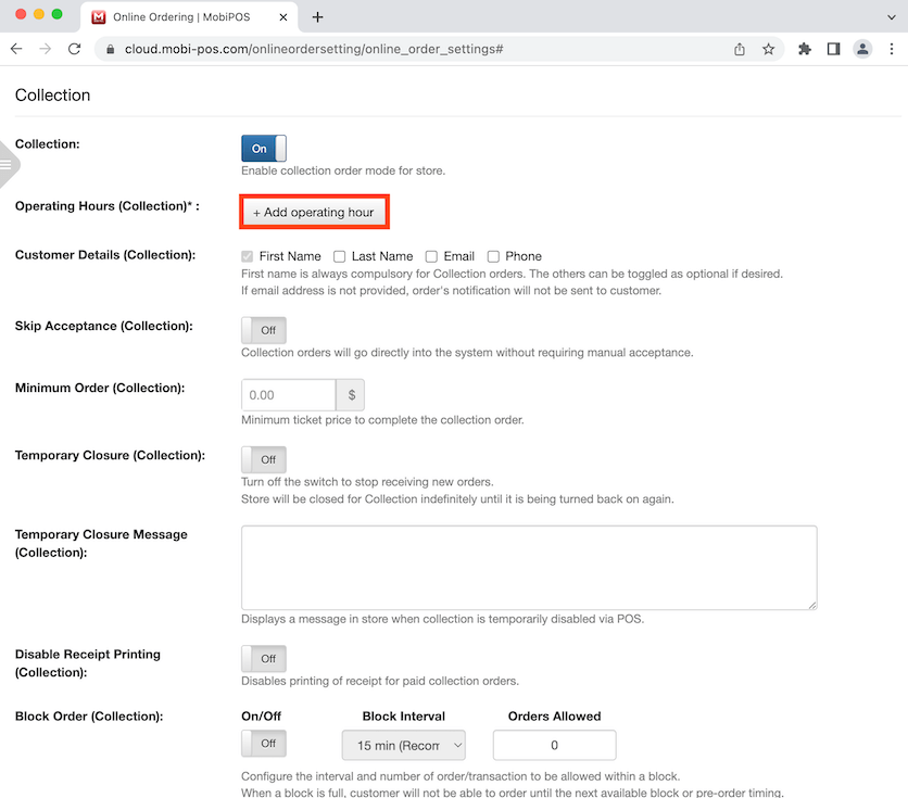 mobipos collection operating hour