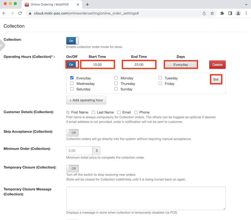 mobipos set operating hour for collection