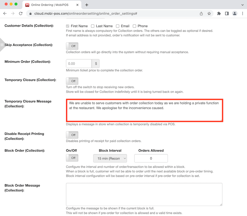 mobipos collection temporary closure message