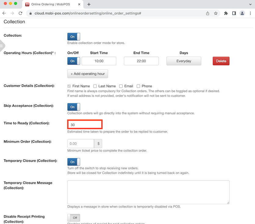 mobipos collection time to ready