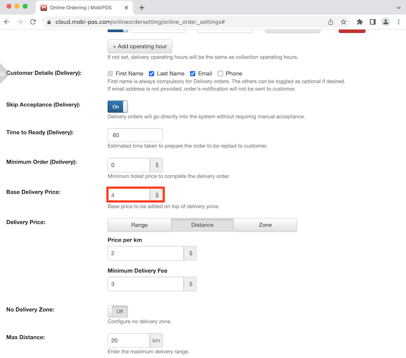 mobipos delivery base delivery price