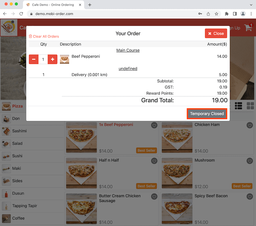 mobipos block order cart temporary closed