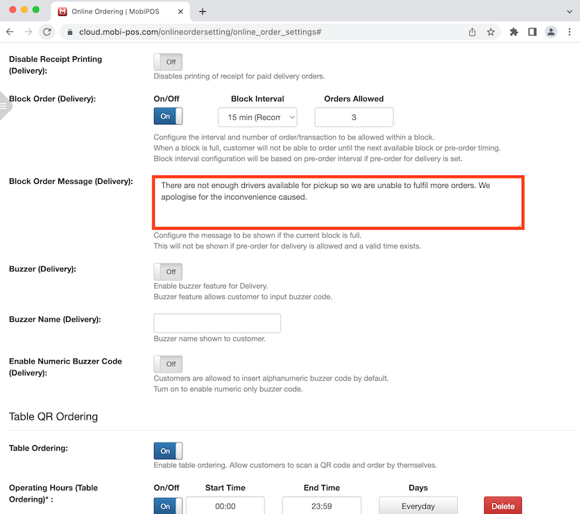 mobipos delivery block order message