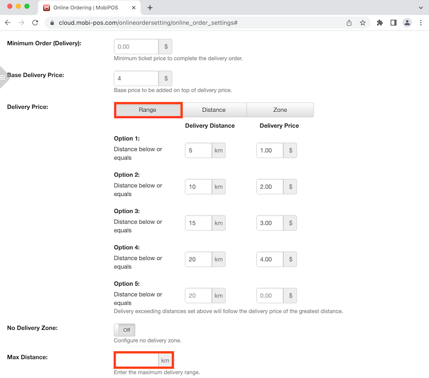 mobipos delivery range distance zone