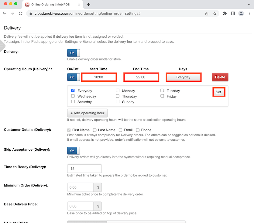 mobipos delivery set operating hour