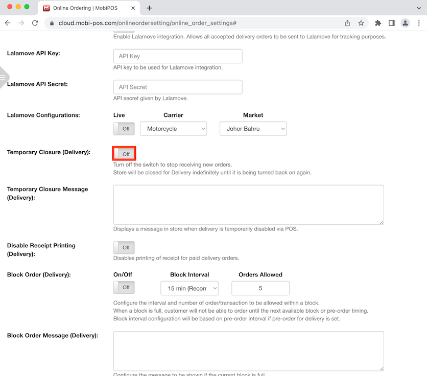 mobipos disable temporary closure