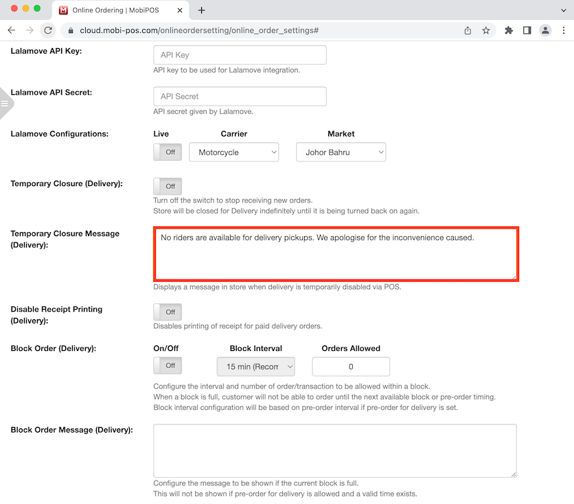 mobipos delivery temporary closure message