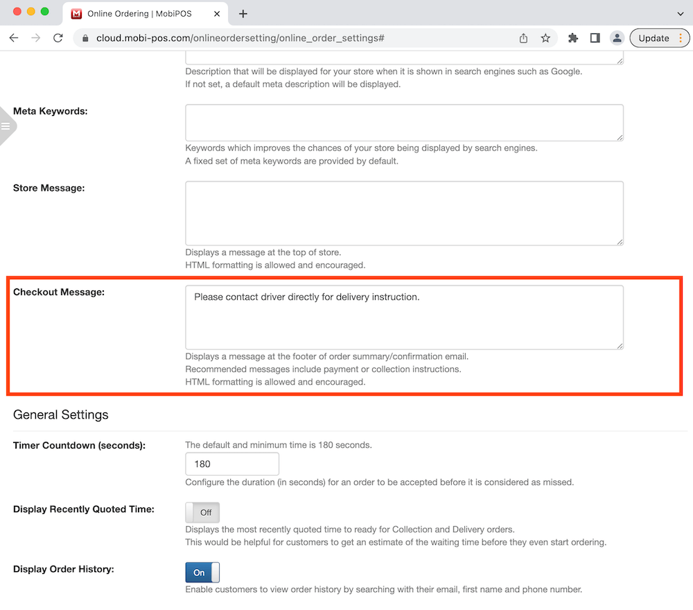 mobipos online ordering checkout message