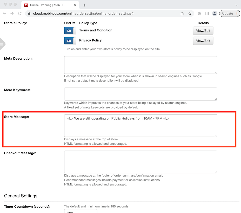 mobipos online ordering store message