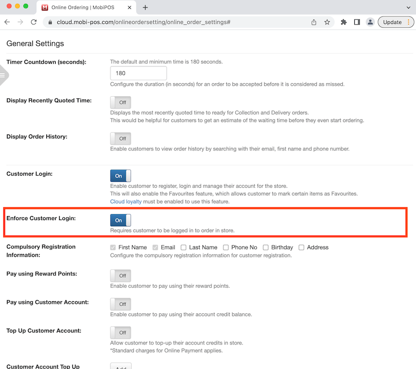 mobipos online ordering enforced customer login
