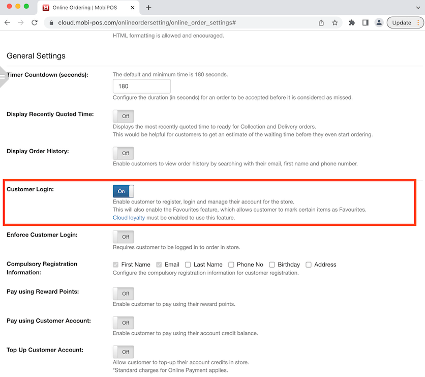 mobipos online order settings customer login