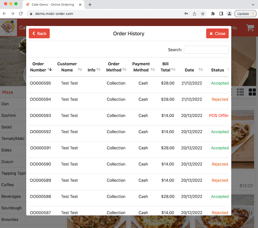 mobipos order history displayed