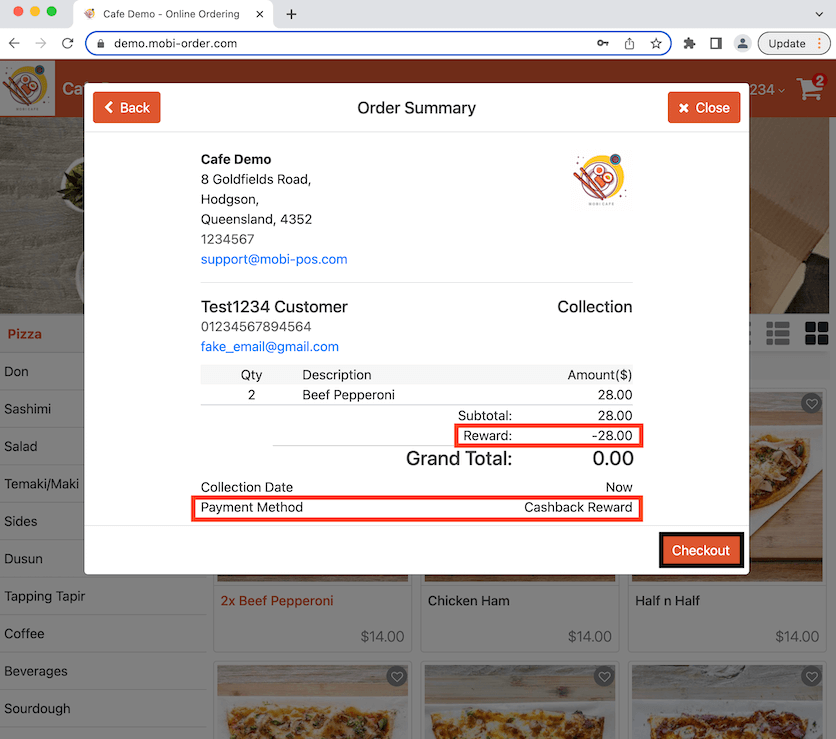 mobipos order summary reward deducted