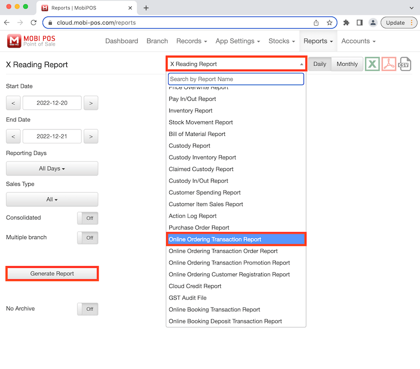 mobipos online ordering transaction report