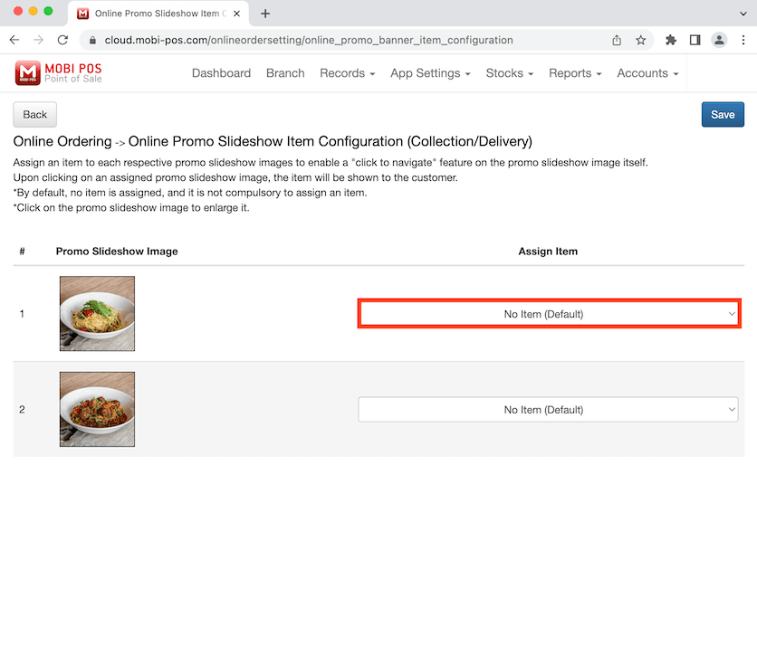 mobipos assign item to promo slideshow