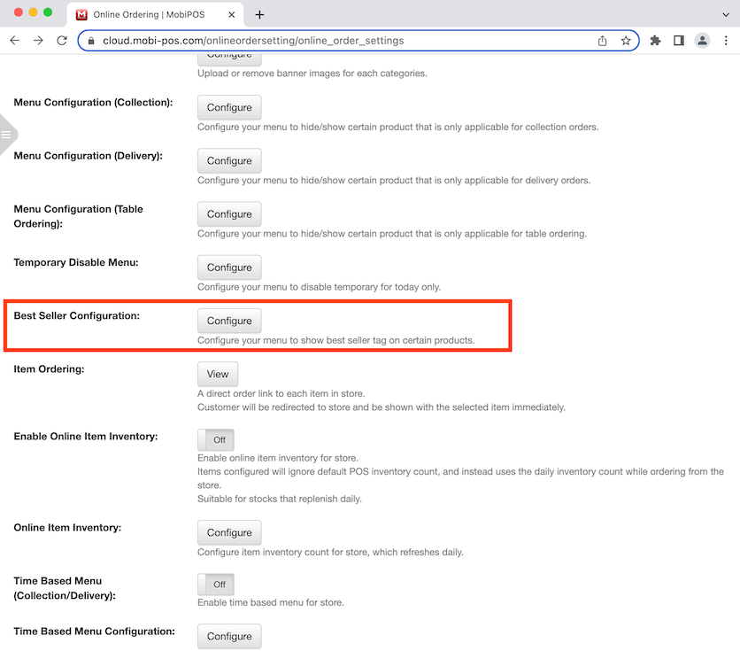 mobipos menu setup best seller configuration