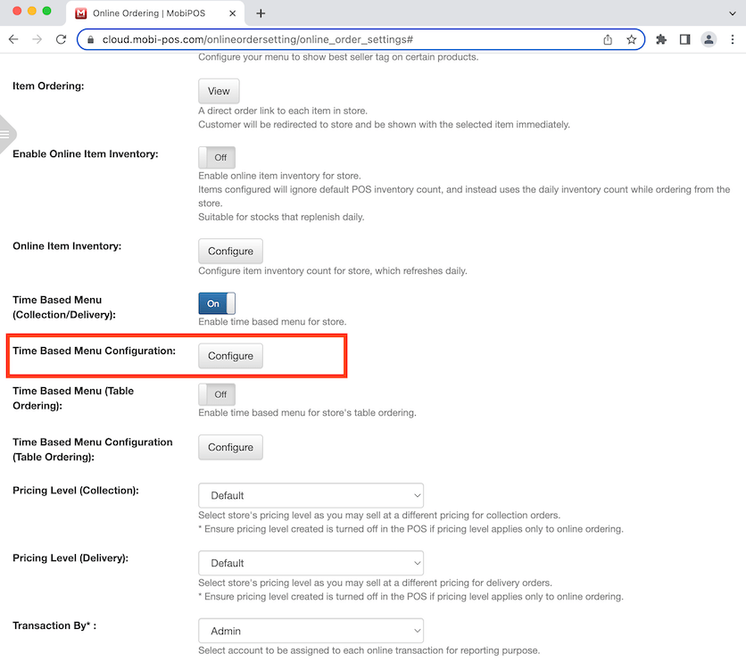 mobipos time based menu configuration