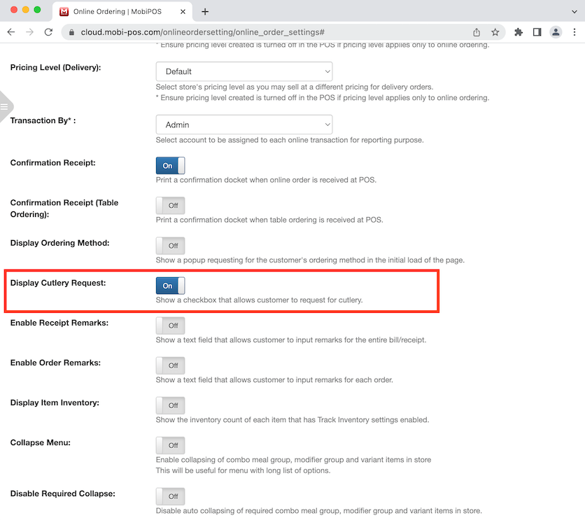 mobipos menu setup display cutlery request
