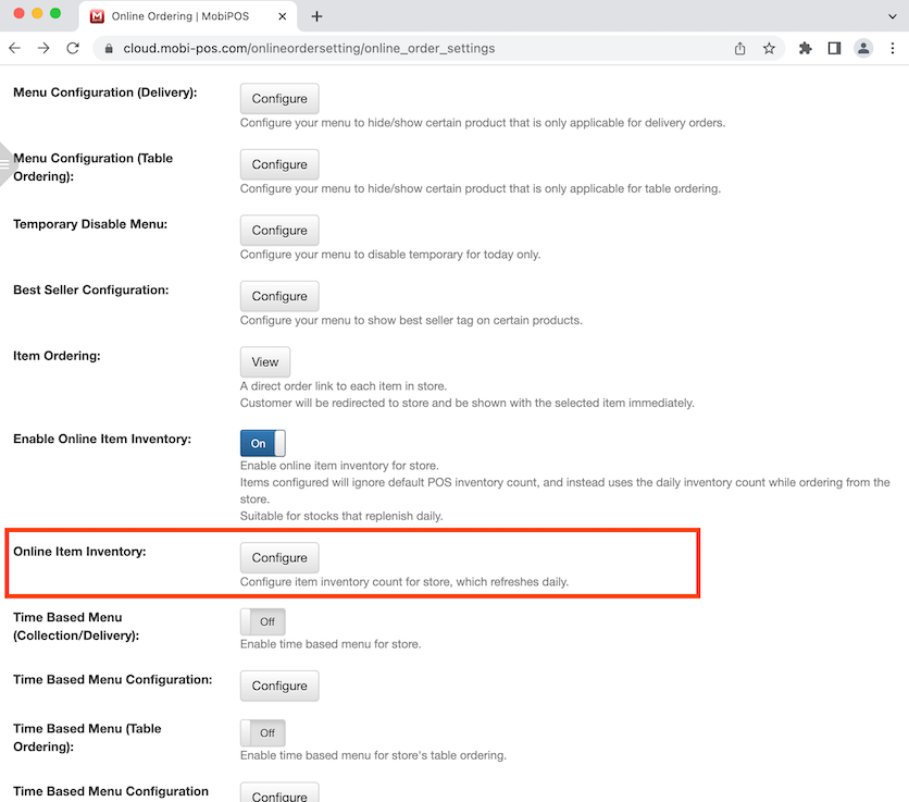mobipos menu setup enable online item inventory