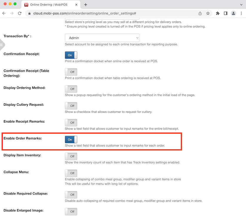 mobipos menu setup enable order remarks