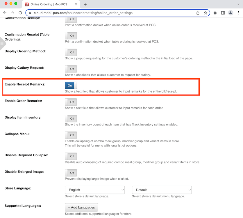 mobipos menu setup enable receipt remarks