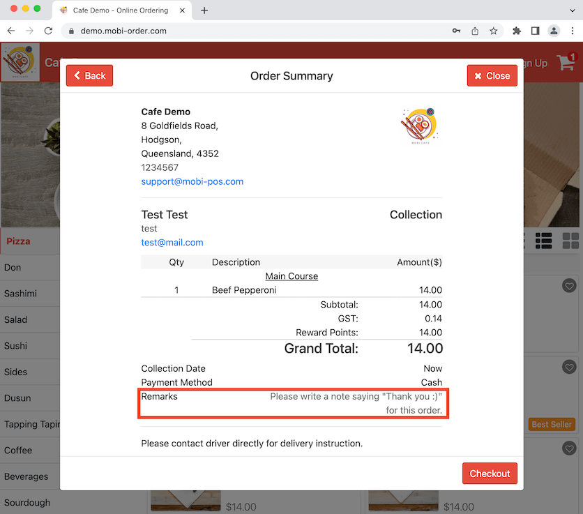 mobipos order summary remarks shown