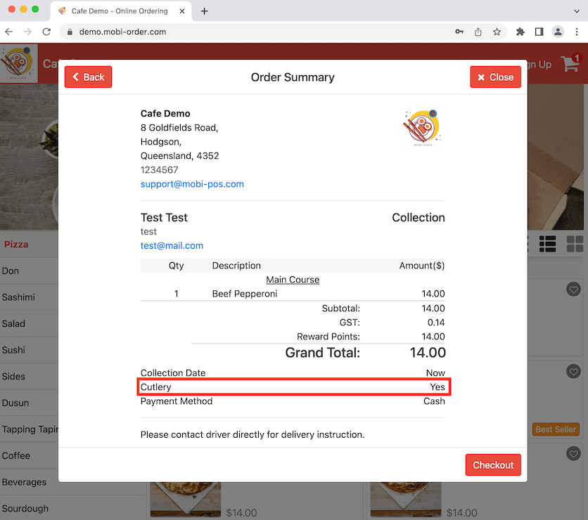 mobipos order summary cutlery request