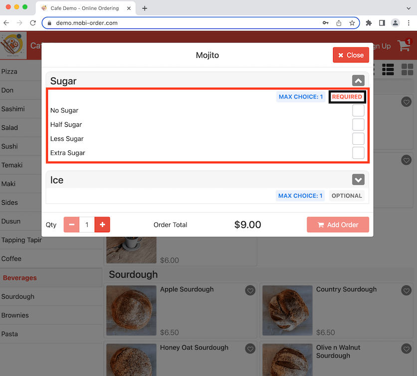 mobipos required selection modifiers disable collapse