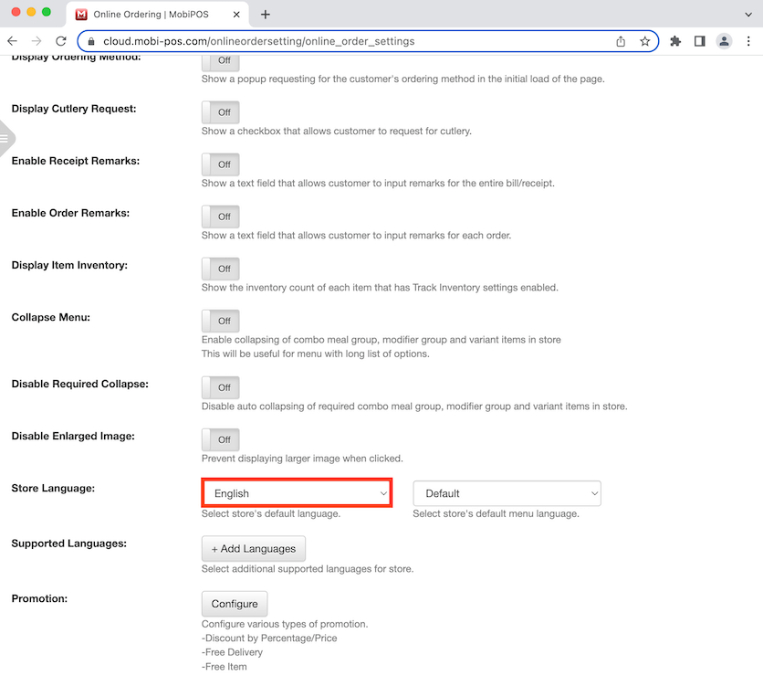 mobipos menu setup store language