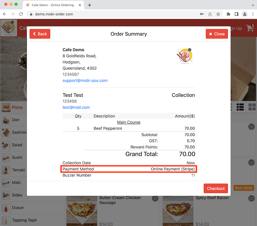 mobipos online payment shown in bill