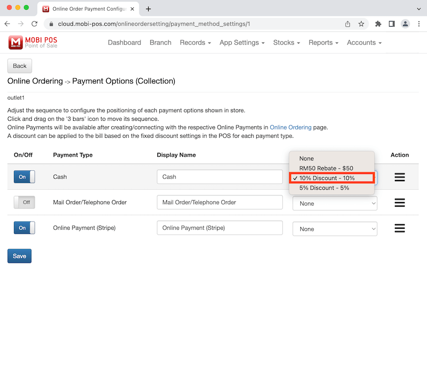 mobipos cash payment type choose discount